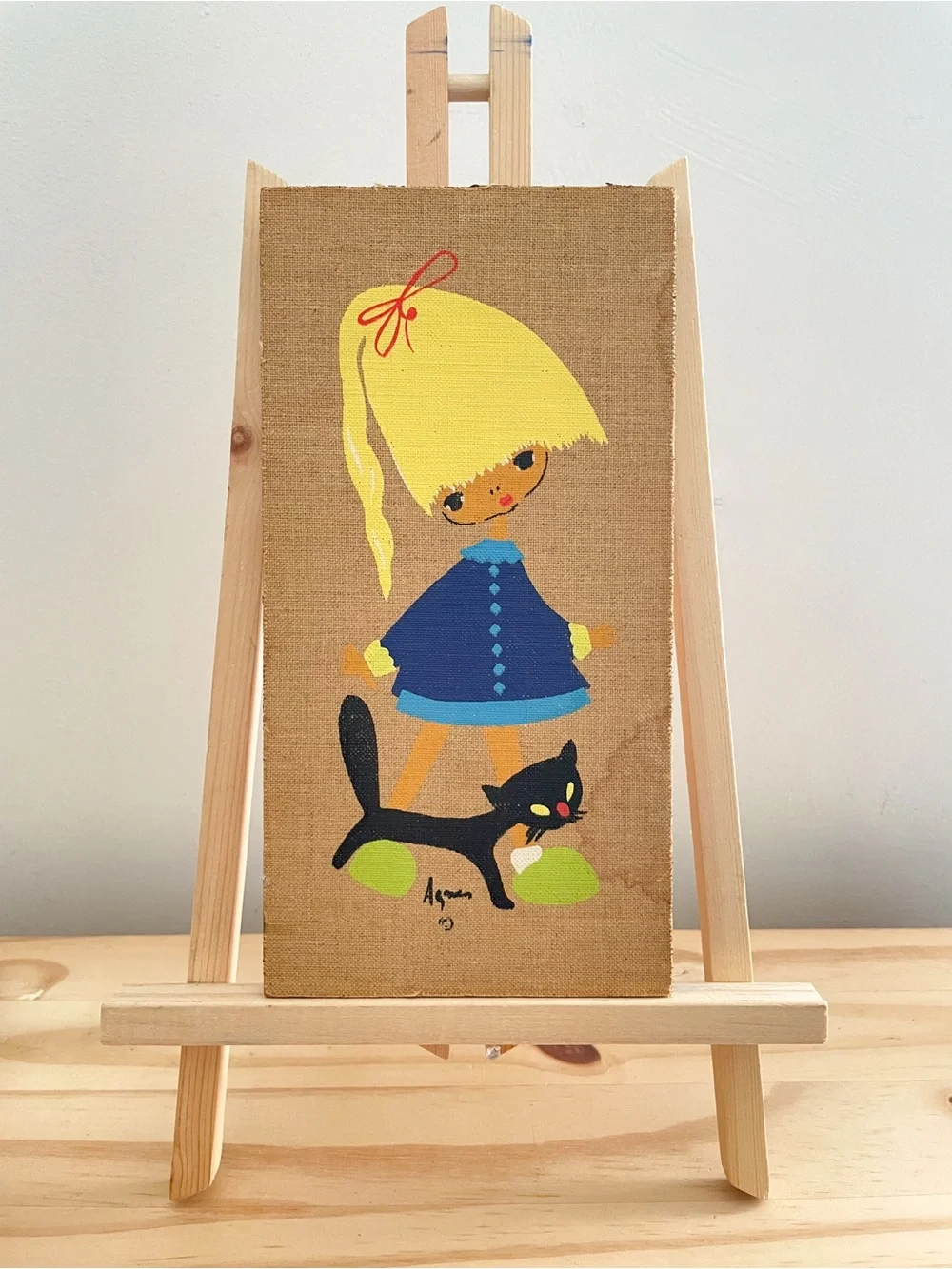 VTG Mid Century Agnes Young Girl Cat Burlap Wood Wall Art Plaque Panel MCM